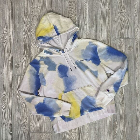 Champion Men's Size Large White Blue Yellow Tie Dye Pullover Sweatshirt Hoodie - Picture 1 of 8